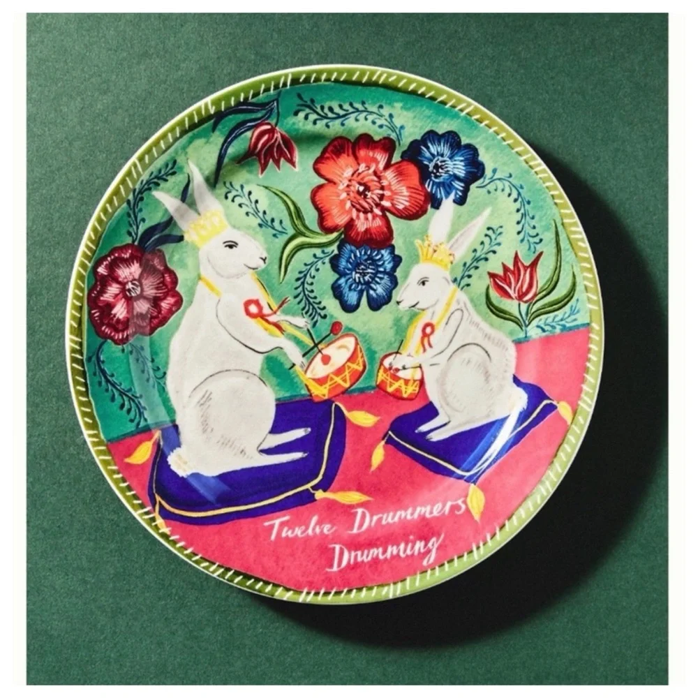 NIB Anthro Emily Maude 12 Days of Christmas 12 Drummers Drumming Dessert Plate
